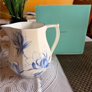 Tiffany & Co. White Porcelain Pitcher with Blue Floral Design
